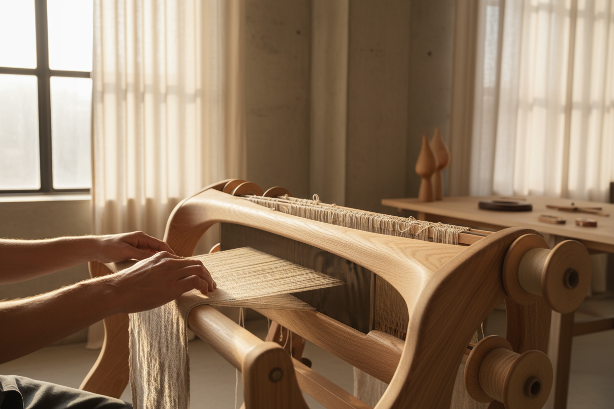 “A skilled artisan working carefully with natural materials such as wood and linen, warm daylight, soft shadows, neutral beige and cream tones, minimal contemporary workspace, focus on hands and craftsmanship, high-end lifestyle photography, contemporary luxury mood.”